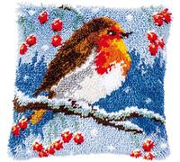 Vervaco Kit Cojin Gancho De Pestillo Cojin Decorativo PETIRROJO EN INVIERNO DIY Manualidades Adultos Set Creativo Regalo Bordado Kit Principiantes ca. 40 x 40 cm Latch Hook Embroidery