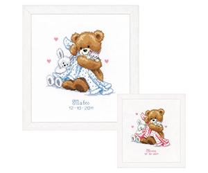 Vervaco Kit Punto De Cruz Bebe Nacimiento Regalos DIY Completo Oso con Manta Creativo Manualidades Creatividad Adultos Decoracion Pared Bordar Kit Principiantes ca. 20 x 22 cm Cross Stitch