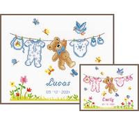 Vervaco Kit Punto De Cruz Bebe Nacimiento Regalos DIY Completo OSO DE NACIMIENTO Creativo Manualidades Creatividad Adultos Decoracion Pared Bordar Kit Principiantes ca. 22 x 20 cm Cross Stitch
