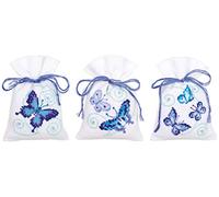 VERVACO Kräutertütchen Blaue Schmetterlinge, 3er Set Kit de Punto de Cruz contado: Bolsa de popurrí: Mariposas Azules (Juego de 3), Fabric, Colores Variados, ca. 8 x 12 cm / 3,2" x 4,8"