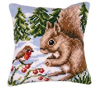 Vervaco Punto De Cruz Kit Cojin Decorativo Ardilla EN LA Nieve Manualidades Adultos Decoracion Bordar Kit Principiantes Completo DIY Bordado Creativo Regalo ca. 40x40 cm Cross Stitch Embroidery