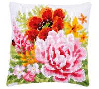 Vervaco Punto De Cruz Kit Cojin Decorativo FLORES COLORIDAS Manualidades Adultos Decoracion Bordar Kit Principiantes Completo DIY Bordado Creativo Regalo ca. 40x40 cm Cross Stitch Embroidery