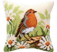 Vervaco Punto De Cruz Kit Cojin Decorativo PETIRROJO Manualidades Adultos Decoracion Bordar Kit Principiantes Completo DIY Bordado Creativo Regalo ca. 40x40 cm Cross Stitch