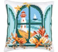 VERVACO Punto De Cruz Kit Cojin Decorativo VISTA AL MAR Manualidades Adultos Decoracion Bordar Kit Principiantes Completo DIY Bordado Creativo Regalo 40 x 40 cm Cross Stitch