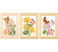 VERVACO Vevaco Kits De Punto De Cruz Contado Cuadros Decoracion DIY Creativo Kit Juego de 3 Flores Y Mariposas Manualidades Arte De Pared Bordar Kit Principiantes Regalo ca. 8 x 12 cm Cross Stitch