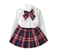 Verve Jelly Niños Bebé Niña Traje Blusa blanca de manga larga Camisa Bowknot Tops + Plaid Vestido de una línea Uniforme escolar para niñas Falda plisada Rojo 15 6-7 años