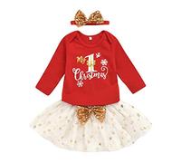 Verve Jelly Trajes de Navidad para bebés recién nacidos, camisetas para niños pequeños My 1st Christmas Romper + falda tutú + diadema con lazo, conjunto de ropa de 3 uds.