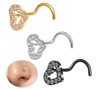 VerveVanguard 3 aretes de nariz de 20 g para mujer. Delicados aretes de nariz con circonita cúbica en forma de corazón, hipoalergénicos, de acero inoxidable quirúrgico 316L, joyería para piercings de