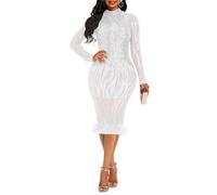 VERWIN Vestido ajustado de lentejuelas para mujer, vestido de manga larga, elegante, vestido largo de pluma, vestido de fiesta, Blanco, M