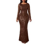 VERWIN Vestido de lentejuelas para mujer, vestido ajustado con cuello redondo, manga larga, vestido largo de sirena brillante, vestido casual de cóctel para fiesta, marrón, M