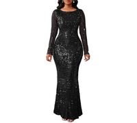 VERWIN Vestido de mujer con lentejuelas bodycon de cuello redondo, manga larga, brillante, sirena, maxi, para fiesta casual, cóctel, Negro, Large