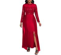 VERWIN Vestido largo ajustado con lentejuelas para mujer, de malla, gasa, con hombros descubiertos, con abertura lateral, vestido superpuesto de retazos, Rojo, Large