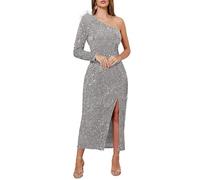 VERWIN Vestido largo de lentejuelas para mujer, con un hombro descubierto, cuello oblicuo, vestido de cóctel brillante, Gris, Large