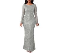 VERWIN Vestido largo de lentejuelas para mujer, cuello redondo, manga larga, brillante, para fiesta, cóctel