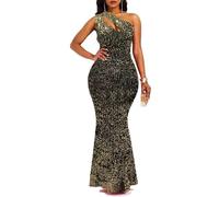 VERWIN Vestido largo de lentejuelas sin mangas con cuello oblicuo para mujer, vestido de fiesta, Dorado, Large