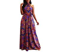 VERWIN vestido maxi sin mangas de la impresión del vestido maxi de las mujeres sin mangas del cuello alto de la cintura alta con cordones, rosso, XL