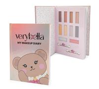 verybella Diario de maquillaje efecto iridiscente, diseño de oso, contiene 8 colores de sombra de ojos claros y oscuros, 2 bálsamos labiales, 2 aplicadores y páginas rayadas donde puedes ver secretos