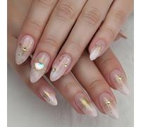 Vesavifaka 3D Boho Estrellas Oro Uñas Postizas, Almendra Medio 24 Piezas, Uñas Acrílicas Reutilizables Fake Nails, Uñas para Pegar con Detalles Dulces del Cielo para Pegar