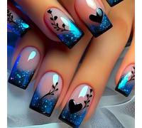Vesavifaka Press on Nails Cortos Azul Degradado Punta Francesa, Diseño de Corazón Amor con Brillo, Uñas Falsas, Cobertura Total Uñas Brillantes para Mujeres, Arte de Uñas DIY, 24 Piezas