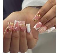 Vesavifaka Primavera Uñas Postizas Estilo Francés, Uñas Cuadradas Blancas Medianas, Uñas Postizas con Diseño 3D de Flores Rosas y Perlas Doradas, Uñas con Puntas Doradas para Pegado