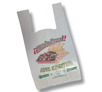 VESCEL - 100 Bolsas de Compras Reutilizable con Asas Tipo Camiseta, Plástico Reciclable Resistente, Diseño de Comida, Impresion ¡¡ME LO LLEVO!! (36X40)