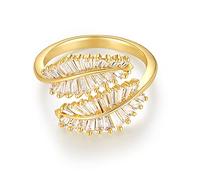 Vescence Anillo abierto chapado en oro de 18 quilates con circonita cúbica ajustable de doble hoja | Anillo apilable de circonita cúbica en oro | Anillo único para fiesta de cóctel, anillo