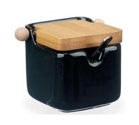 Vessia - Azucarero de cerámica con tapa de madera de bambú, con cuchara de azúcar, recipiente para azúcar, tamaño 10 x 8 x 8 cm, azucarero negro