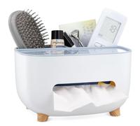 Vestamore Caja de pañuelos multifuncional con soporte para dispositivos móviles, organizador de dos niveles para servilletas, compartimentos de almacenamiento, caja de pañuelos azul contemporánea para