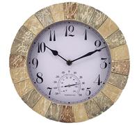 Vestamore Combo de reloj de exterior con termómetro de 26 cm, impermeable, resistente a la intemperie, decorativo reloj de piedra de poliresina, funciona con pilas, para patio, jardín, fácil de leer