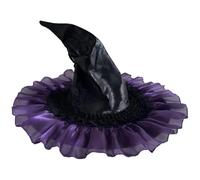 Vestamore Sombrero de bruja de cuero negro y accesorio de fiesta, 58 cm, circunferencia de la cabeza, ribete de tul para Halloween