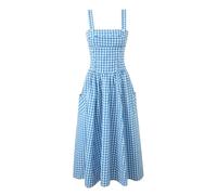 Vestido a Cuadros Azul y Blanco Verano para Mujer Temperamento de Gama Alta Cuello Cuadrado Cintura Una línea Falda Larga-A Cuadros Azul y Blanco-L