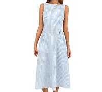 Vestido A Rayas, con Cuello Barco, Sin Mangas, con Cintura Entallada, de Corte En A, con Falda De Largo Medio, Ideal para Llevar En Ocasiones Informales y En Vacaciones(Sky Blue,XX-Large)