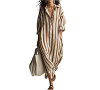 Vestido a rayas con cuello en V para mujer, manga larga, ajuste holgado, vestido camisero para mujer, vestido de manga larga a rayas, marrón, L