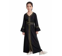 Vestido Abaya Islámico para Niñas con Bordado Dorado, Kaftan Largo Cuello V Manga Campana con Cinturón, Ropa Modesta para Ramadán y Eid, Varios Colores Pastel Comodidad