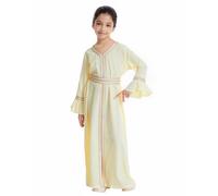 Vestido Abaya Islámico para Niñas con Bordado Dorado, Kaftan Largo Cuello V Manga Campana con Cinturón, Ropa Modesta para Ramadán y Eid, Varios Colores Pastel Comodidad