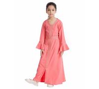 Vestido Abaya Islámico para Niñas con Bordado Dorado, Kaftan Largo Cuello V Manga Campana con Cinturón, Ropa Modesta para Ramadán y Eid, Varios Colores Pastel Comodidad