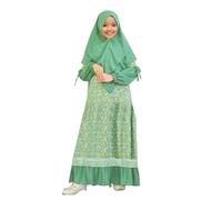 Vestido Abaya Musulmán Bebé Niña Flores Hijab Largo Maxi Joven Niño Manga Larga Cuello Redondo Liso Pajarita Dos Piezas Ropa Corsage(Green, 9-10 Years)
