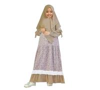 Vestido Abaya Musulmán Bebé Niña Flores Hijab Largo Maxi Joven Niño Manga Larga Cuello Redondo Liso Pajarita Dos Piezas Ropa Corsage(Khaki, 13-14 Years)