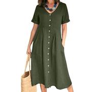 Vestido Abotonado de Verano para Mujer, Informal, con Cuello en V, Camisero, Liso, de Lino y algodón, Manga Corta, Talla Grande