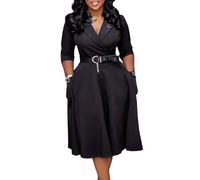 Vestido Acampanado De Corte A Con Mangas 3/4 Para Mujer Vestido Midi Informal Semiformal De Trabajo Con Cinturón Para Invitadas De Boda, Con Cuello De Traje A La Moda(Black,XXL)