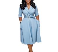 Vestido Acampanado De Corte A Con Mangas 3/4 Para Mujer Vestido Midi Informal Semiformal De Trabajo Con Cinturón Para Invitadas De Boda, Con Cuello De Traje A La Moda(Blue,XL)