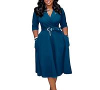Vestido Acampanado De Corte A Con Mangas 3/4 Para Mujer Vestido Midi Informal Semiformal De Trabajo Con Cinturón Para Invitadas De Boda, Con Cuello De Traje A La Moda(Green,L)
