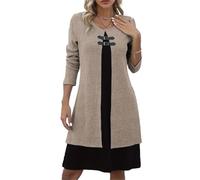 Vestido acampanado de manga larga de punto acanalado para mujer con doble hebilla, vestido ajustado de dos piezas de imitación para otoño e invierno, caqui, S