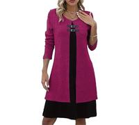 Vestido acampanado de manga larga de punto acanalado para mujer con doble hebilla, vestido ajustado de punto sintético de dos piezas con bloques de color, rosa, XL