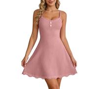 Vestido acanalado con correa delgada: botón en el pecho + encaje en la cintura Flattering A Line Dress for Daily Casual & Date Trajes Cálido Mono Mujer, Rosa., L