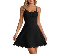 Vestido acanalado con correa delgada: botón en el pecho + encaje en la cintura Flattering A Line Dress for Daily Casual & Date Trajes Cálido Mono Mujer, Negro , L