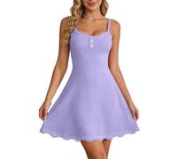 Vestido acanalado con correa delgada: botón en el pecho + encaje en la cintura Flattering A Line Dress for Daily Casual & Date Trajes Cálido Mono Mujer, morado, XL
