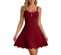 Vestido acanalado con correa delgada: botón en el pecho + encaje en la cintura Flattering A Line Dress for Daily Casual & Date Trajes Cálido Mono Mujer, Vino, XL