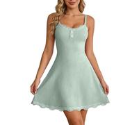 Vestido acanalado con correa delgada: botón en el pecho + encaje en la cintura Flattering A Line Dress for Daily Casual & Date Trajes Cálido Mono Mujer, Verde claro., L