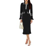 Vestido Ajustado con Escote en V for Mujer Manga Larga Medio botón Ajustado con Volantes de Punto Acanalado maxivestido Tubo(Nero,L)